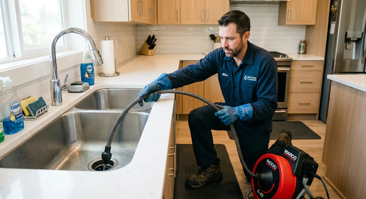 Drain cleaning technician using a motorized snake on a kitchen sink in Union City