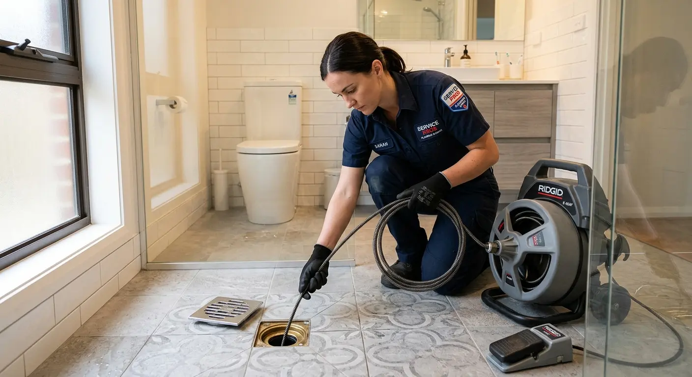 Technician clearing a bathroom floor drain for Drain Repair in Union City